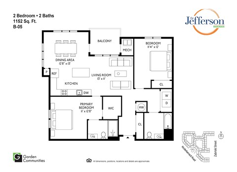 Floor plan for 2 beds, 2 baths, 1152 sqft
